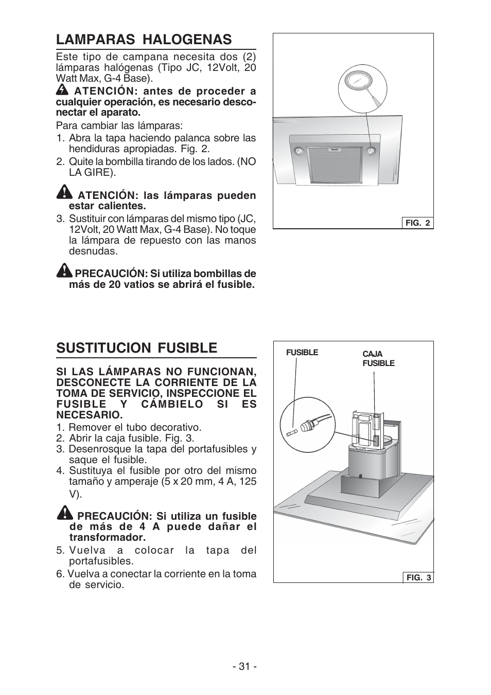 Sustitucion fusible, Lamparas halogenas | Broan WC26I User Manual | Page 31 / 44