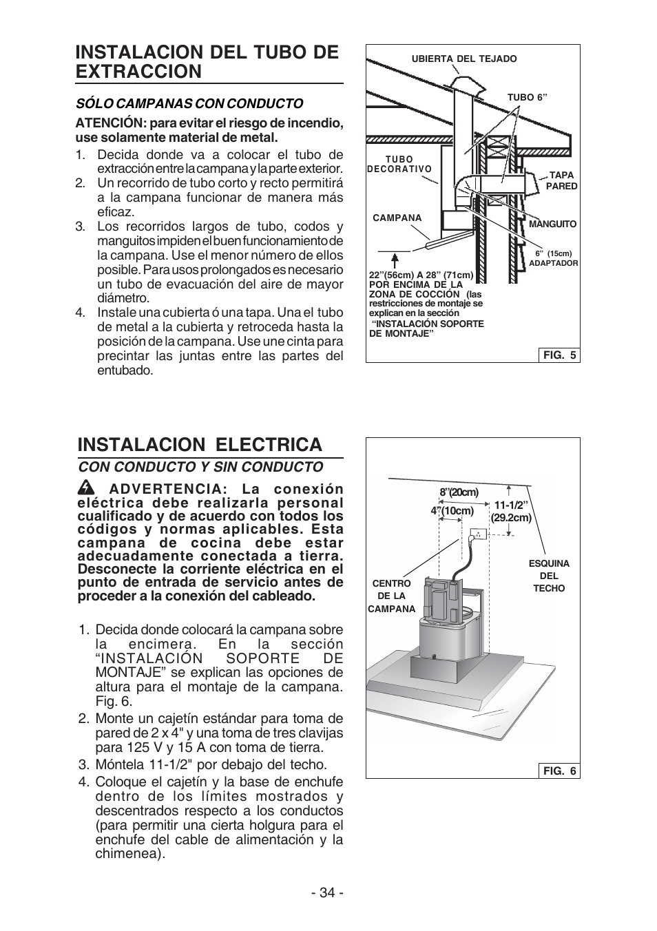 Instalacion del tubo de extraccion, Instalacion electrica | Broan WC26I User Manual | Page 34 / 44