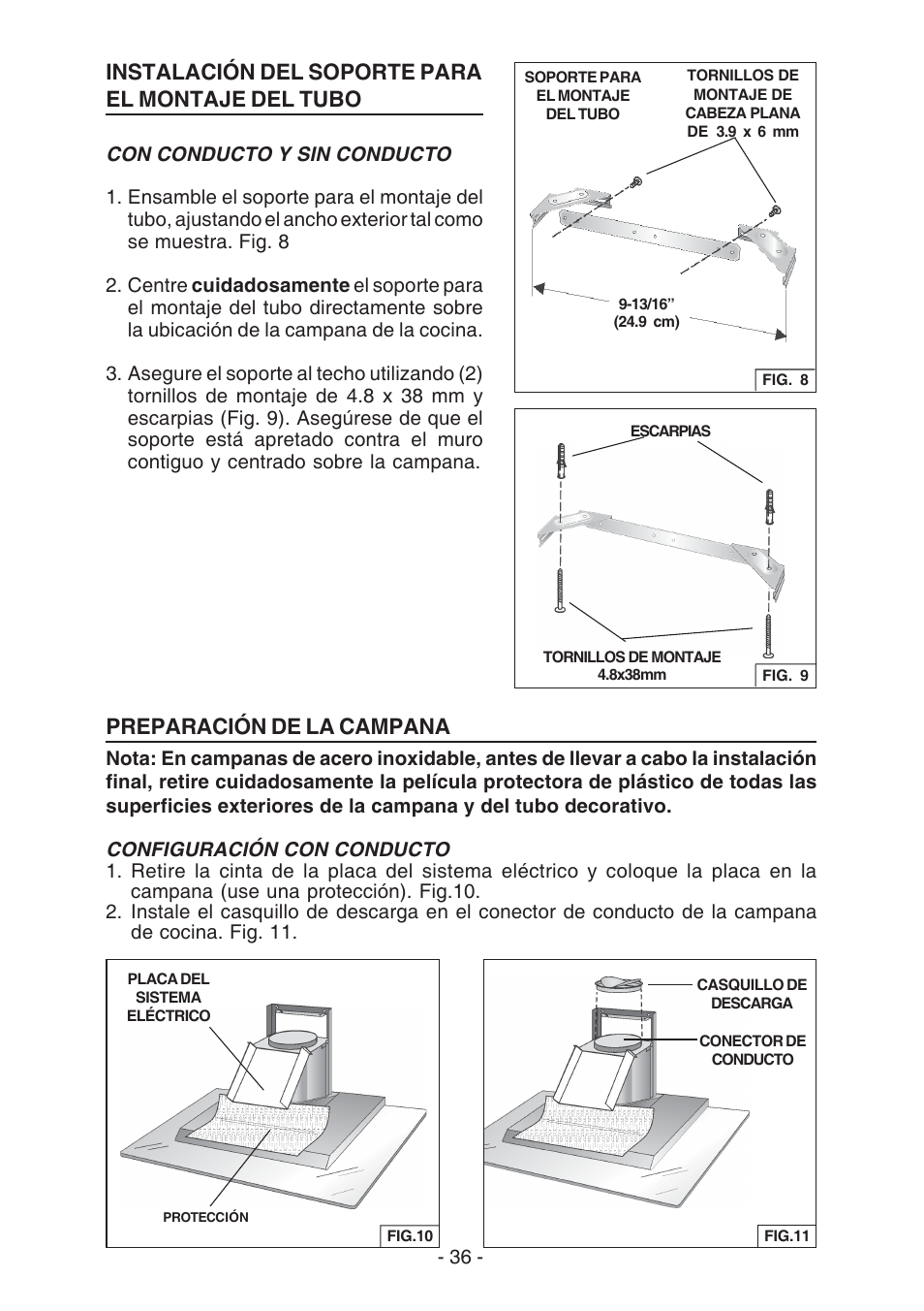 Instalación del soporte para el montaje del tubo, Preparación de la campana | Broan WC26I User Manual | Page 36 / 44