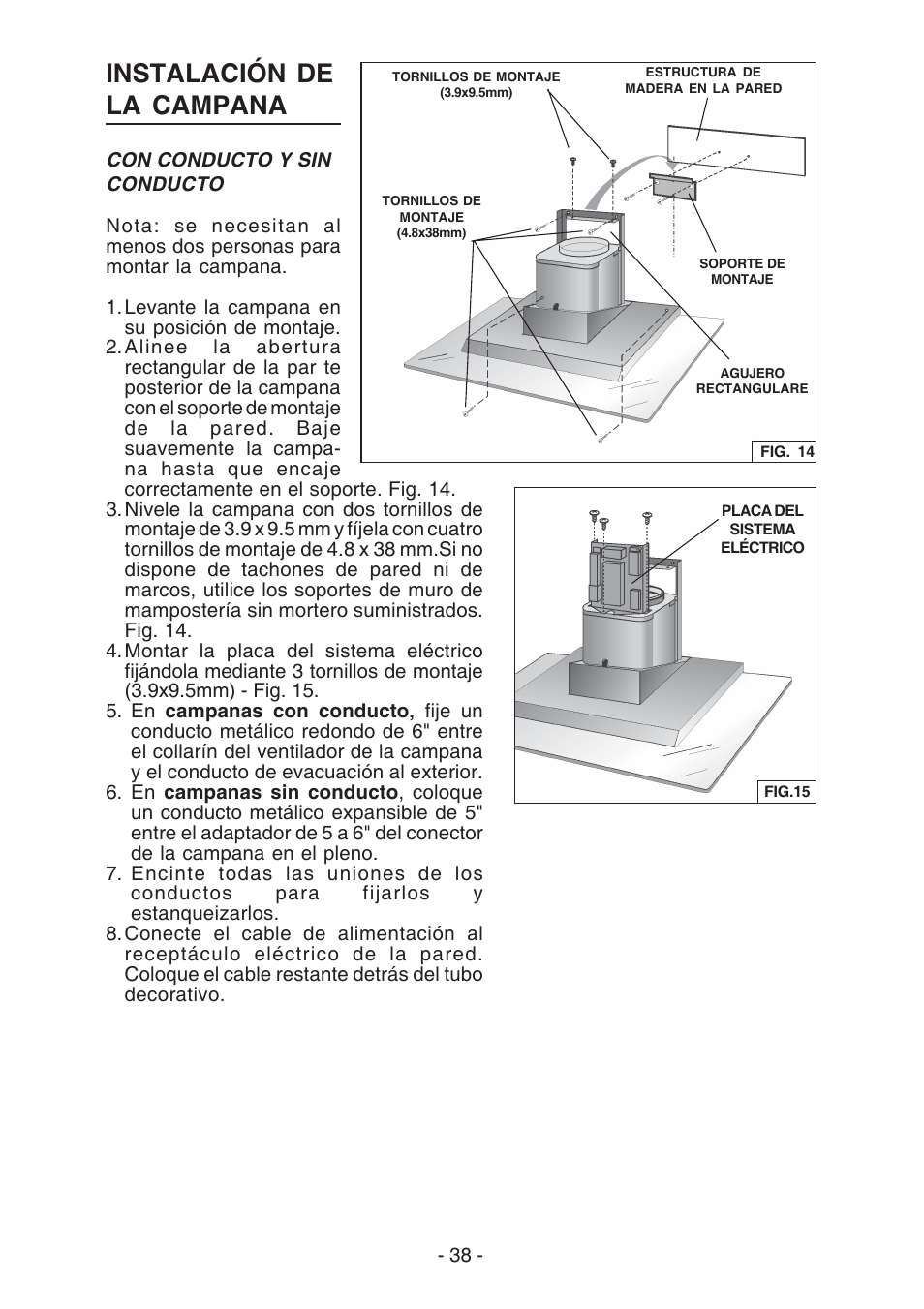 Instalación de la campana | Broan WC26I User Manual | Page 38 / 44