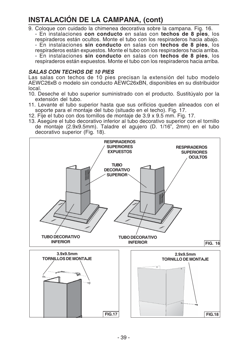 Instalación de la campana, (cont) | Broan WC26I User Manual | Page 39 / 44