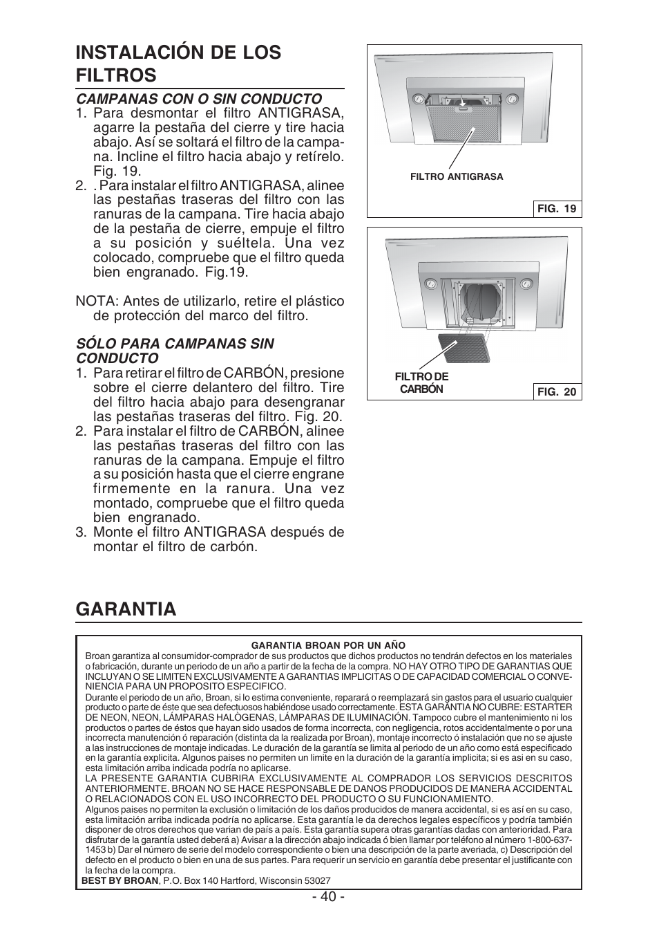 Garantia, Instalación de los filtros | Broan WC26I User Manual | Page 40 / 44