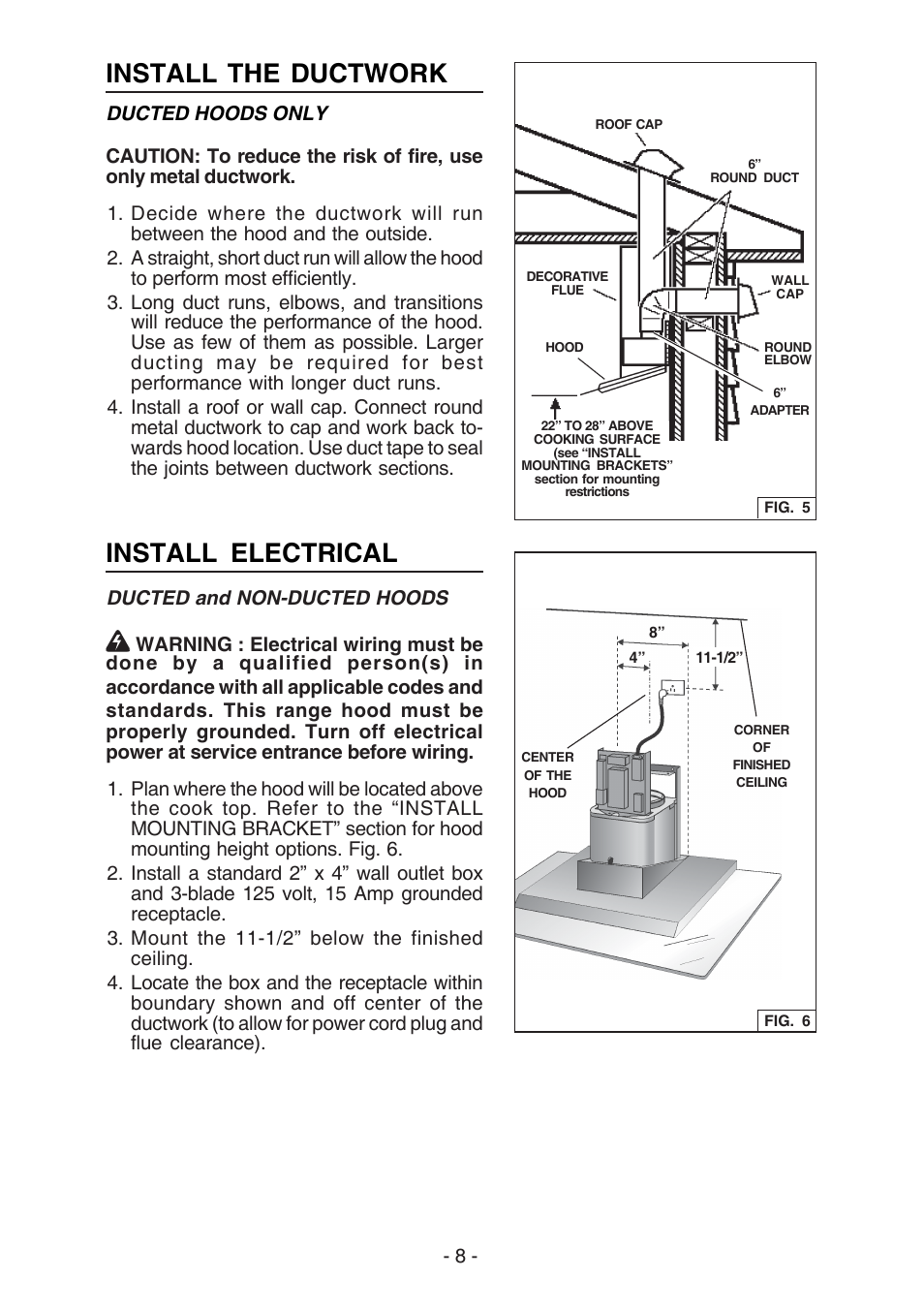 Install the ductwork, Install electrical | Broan WC26I User Manual | Page 8 / 44