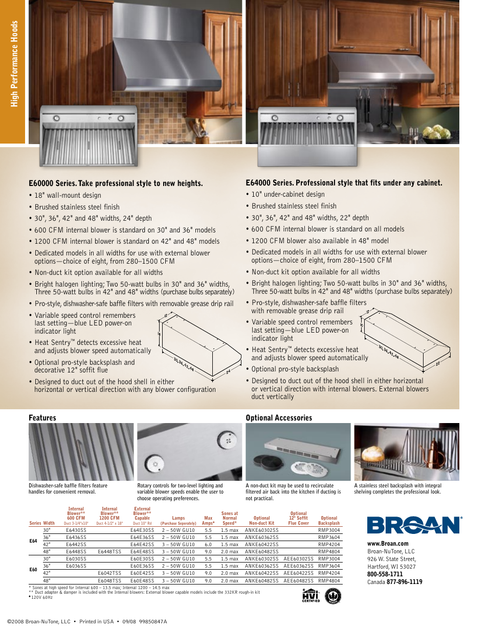 High perf ormance hoods | Broan E60000 User Manual | Page 2 / 2