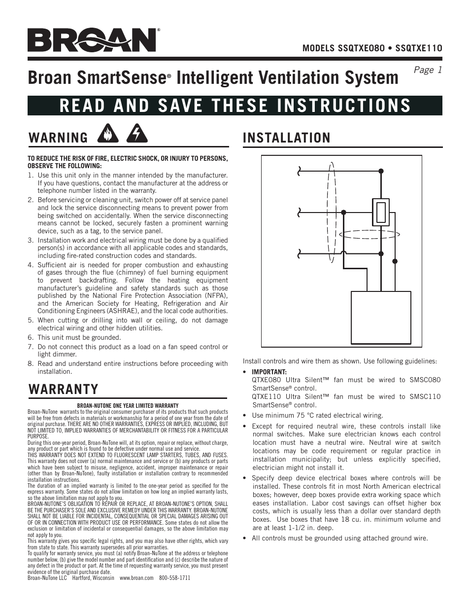 Broan SSQTXE080 User Manual | 8 pages