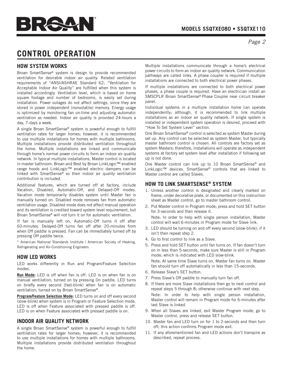 Control operation, How system works, How led works | Indoor air quality network, How to link smartsense, System | Broan SSQTXE080 User Manual | Page 2 / 8