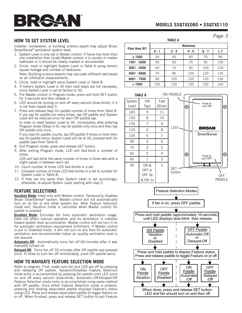 Feature selections, How to navigate feature selection mode | Broan SSQTXE080 User Manual | Page 3 / 8