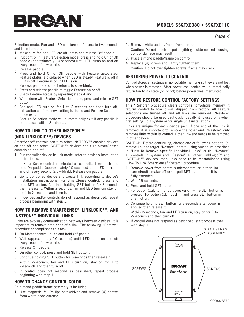 Restoring power to control, How to restore control factory settings, How to remove smartsense | Linklogic™, and insteon™ individual links, How to change control color | Broan SSQTXE080 User Manual | Page 4 / 8