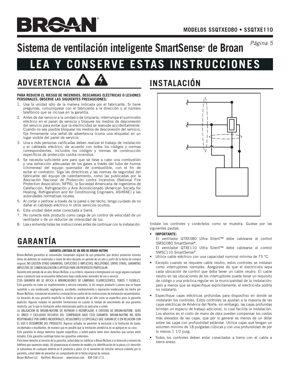 Sistema de ventilación inteligente smartsense, De broan lea y conserve estas instrucciones, Advertencia | Instalación, Garantía | Broan SSQTXE080 User Manual | Page 5 / 8