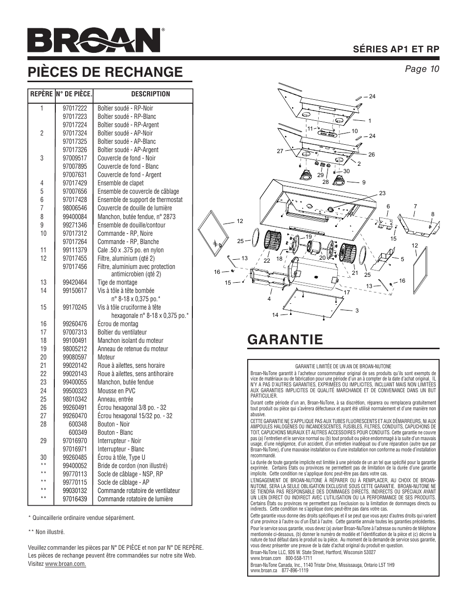 Pièces de rechange, Garantie, Séries ap1 et rp page 10 | Broan RP User Manual | Page 10 / 16