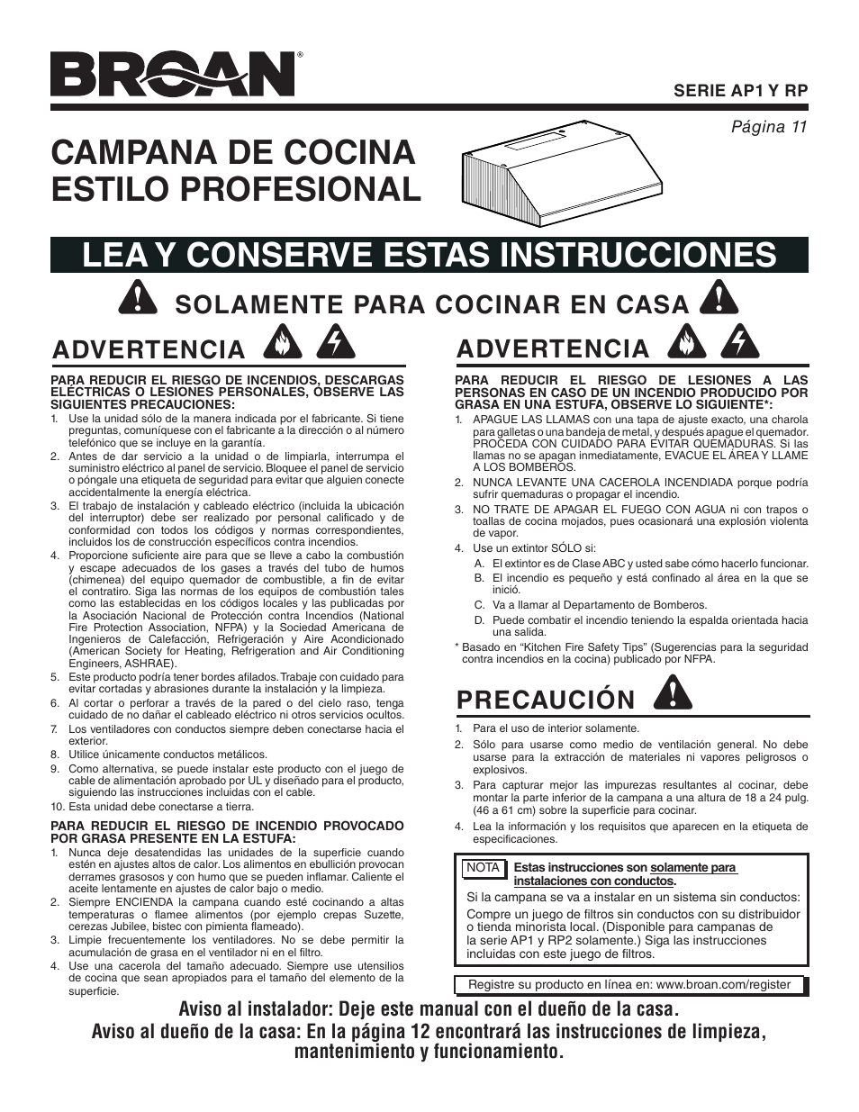 Advertencia precaución, Solamente para cocinar en casa advertencia, Serie ap1 y rp página 11 | Broan RP User Manual | Page 11 / 16