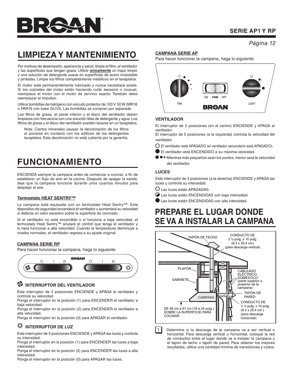 Limpieza y mantenimiento, Prepare el lugar donde se va a instalar la campana, Funcionamiento | Serie ap1 y rp página 12 | Broan RP User Manual | Page 12 / 16