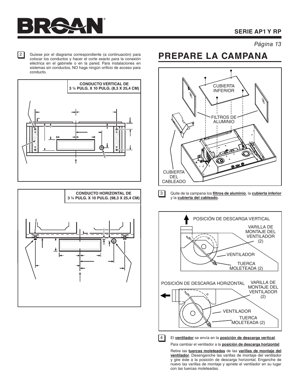 Prepare la campana, Serie ap1 y rp página 13 | Broan RP User Manual | Page 13 / 16