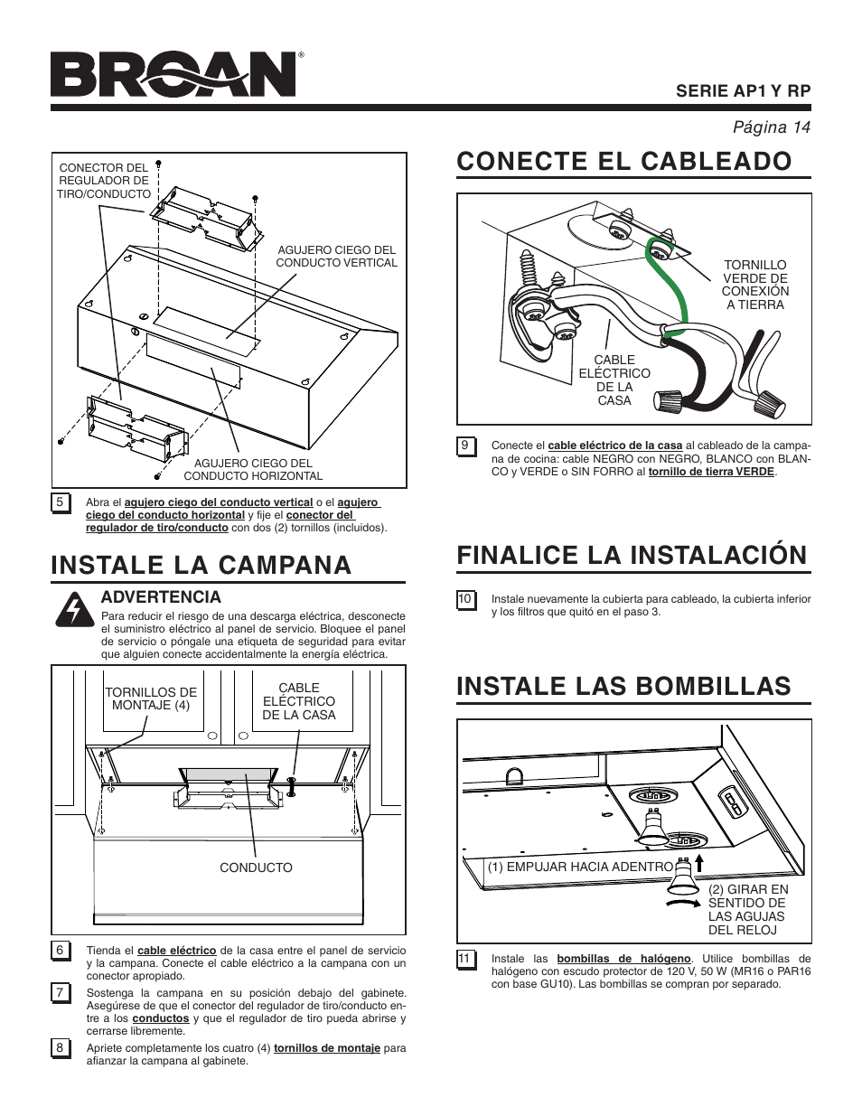 Instale la campana, Conecte el cableado, Finalice la instalación | Instale las bombillas, Serie ap1 y rp página 14, Advertencia | Broan RP User Manual | Page 14 / 16