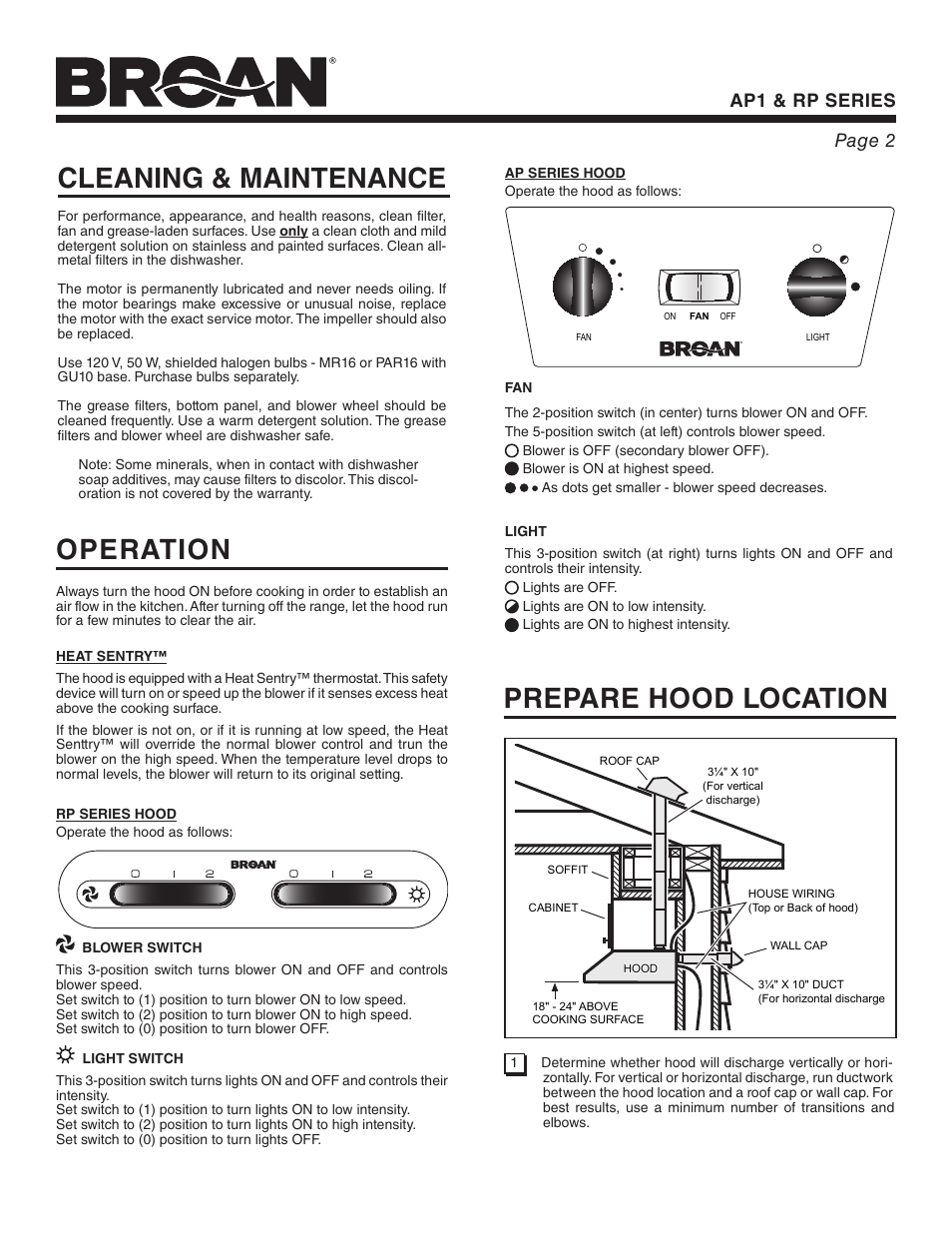 Cleaning & maintenance, Prepare hood location, Operation | Ap1 & rp series page 2 | Broan RP User Manual | Page 2 / 16