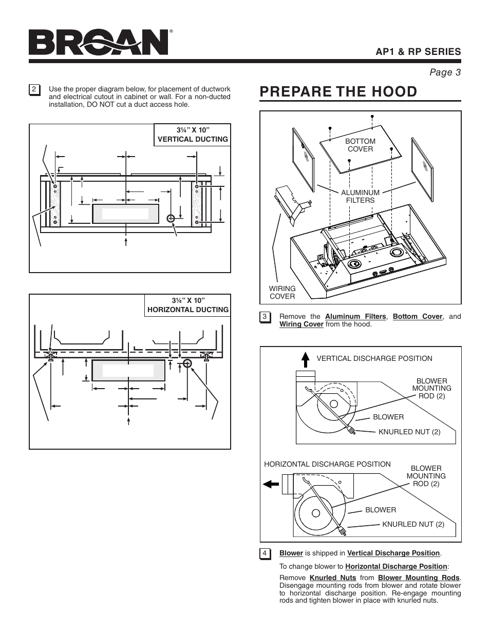 Prepare the hood, Ap1 & rp series page 3 | Broan RP User Manual | Page 3 / 16