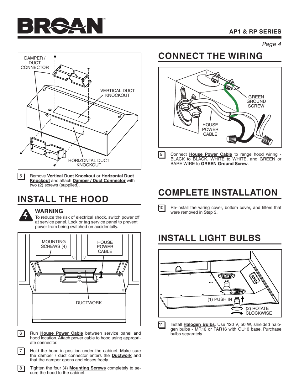 Install the hood, Connect the wiring, Complete installation | Install light bulbs | Broan RP User Manual | Page 4 / 16