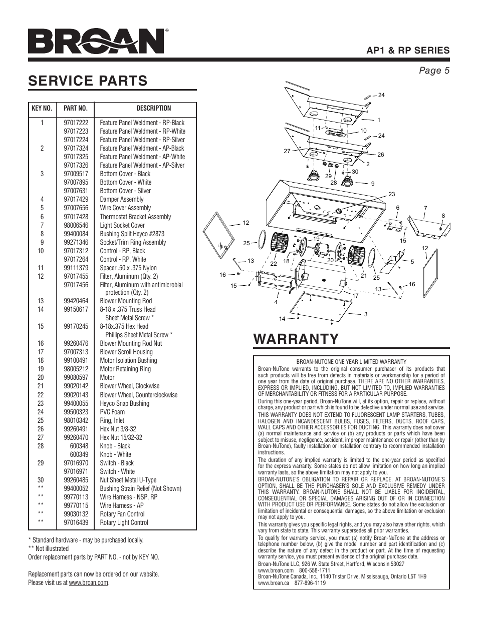 Service parts, Warranty, Ap1 & rp series page 5 | Broan RP User Manual | Page 5 / 16