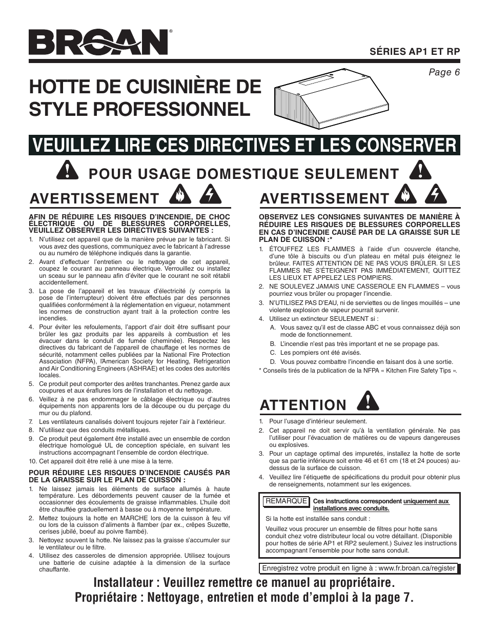 Avertissement attention, Pour usage domestique seulement avertissement, Séries ap1 et rp page 6 | Broan RP User Manual | Page 6 / 16