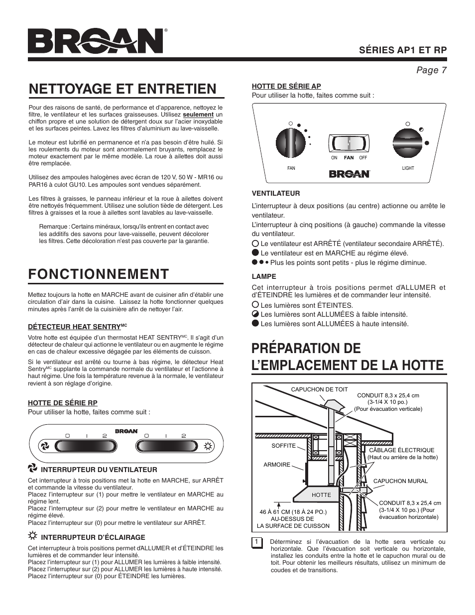 Nettoyage et entretien, Préparation de l’emplacement de la hotte, Fonctionnement | Séries ap1 et rp page 7 | Broan RP User Manual | Page 7 / 16