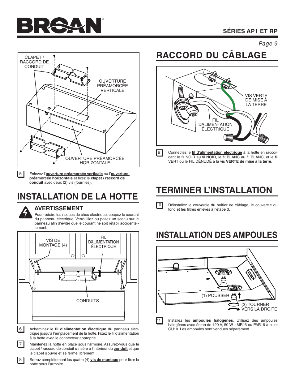 Installation de la hotte, Raccord du câblage, Terminer l’installation | Installation des ampoules, Séries ap1 et rp page 9, Avertissement | Broan RP User Manual | Page 9 / 16