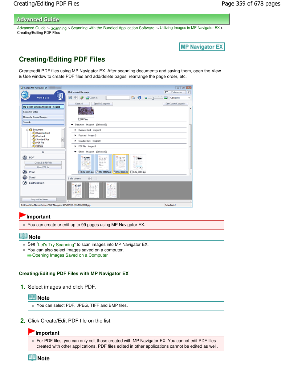 Creating/editing pdf files | Canon PIXMA MP250 User Manual | Page 359 / 678