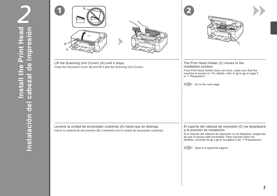 Install the print head, Instalación del cabezal de impresión | Canon PIXMA MG5220 User Manual | Page 9 / 54