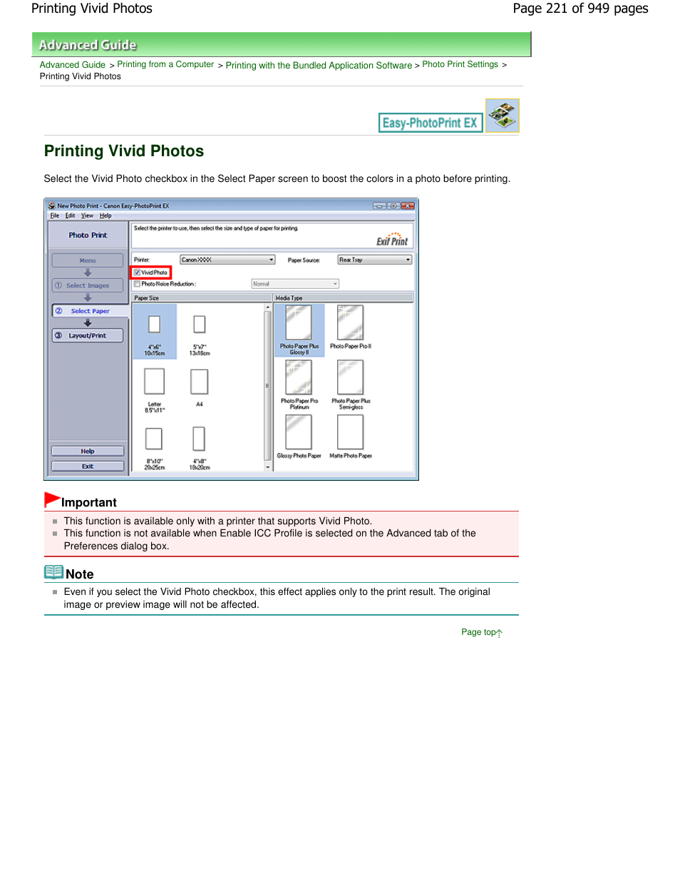 Printing vivid photos | Canon PIXMA MP560 User Manual | Page 221 / 949