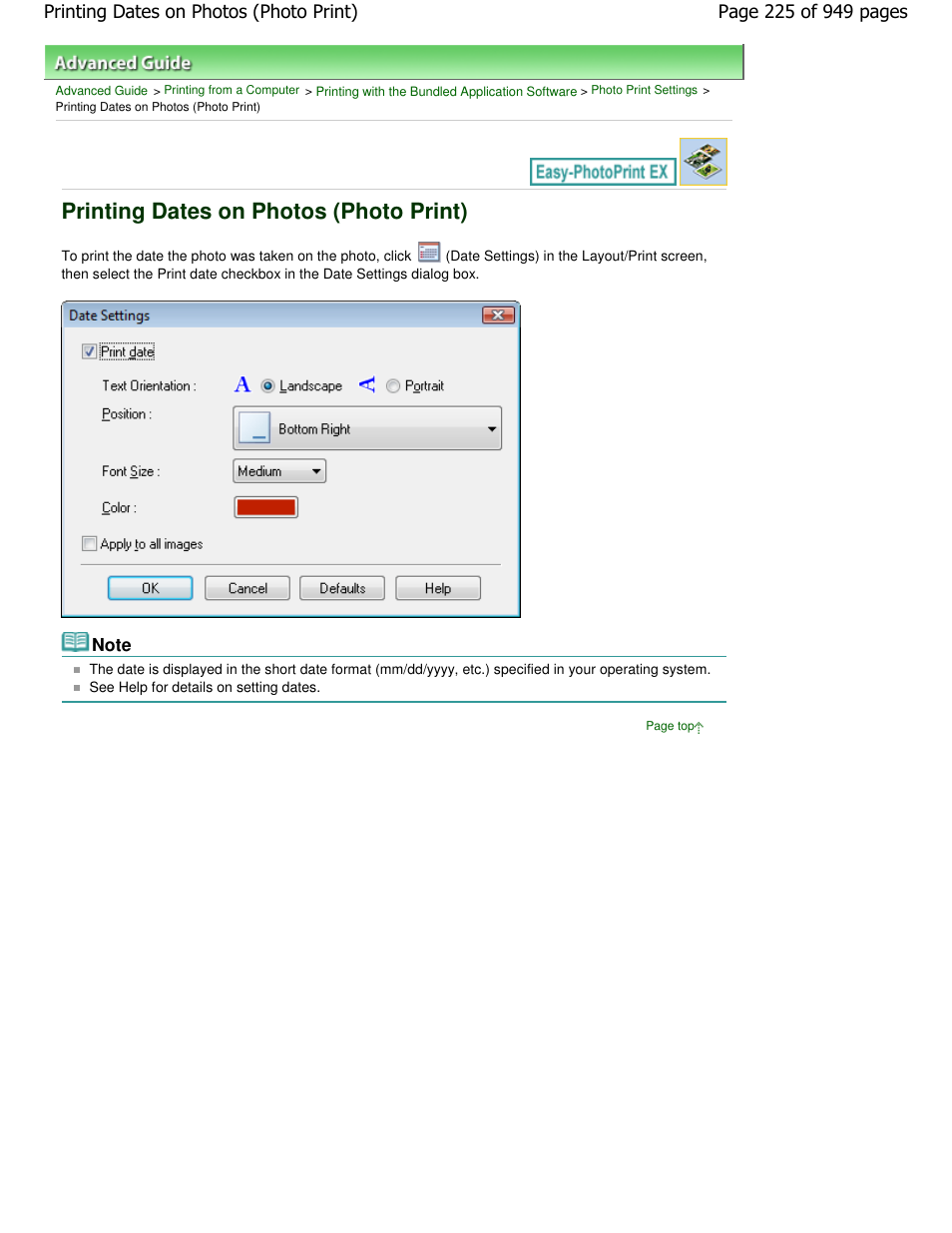 Printing dates on photos (photo print) | Canon PIXMA MP560 User Manual | Page 225 / 949