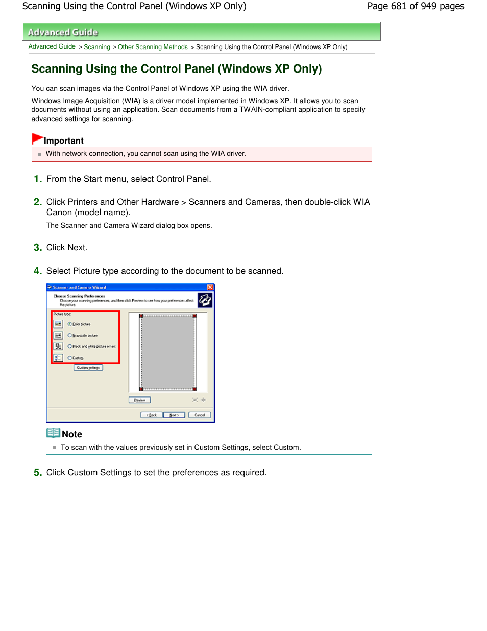 Scanning using the control panel (windows xp only) | Canon PIXMA MP560 User Manual | Page 681 / 949