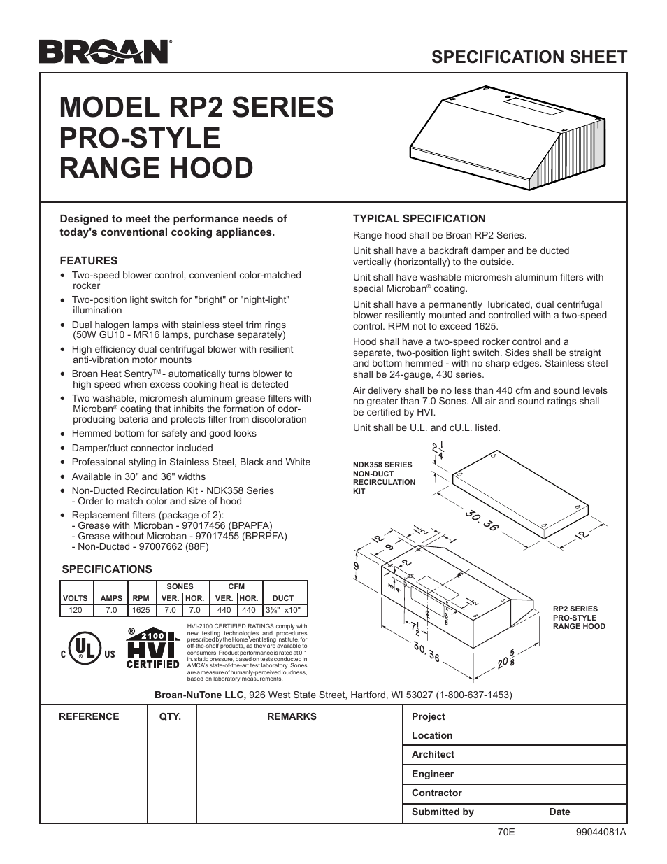 Broan RP2 User Manual | 1 page