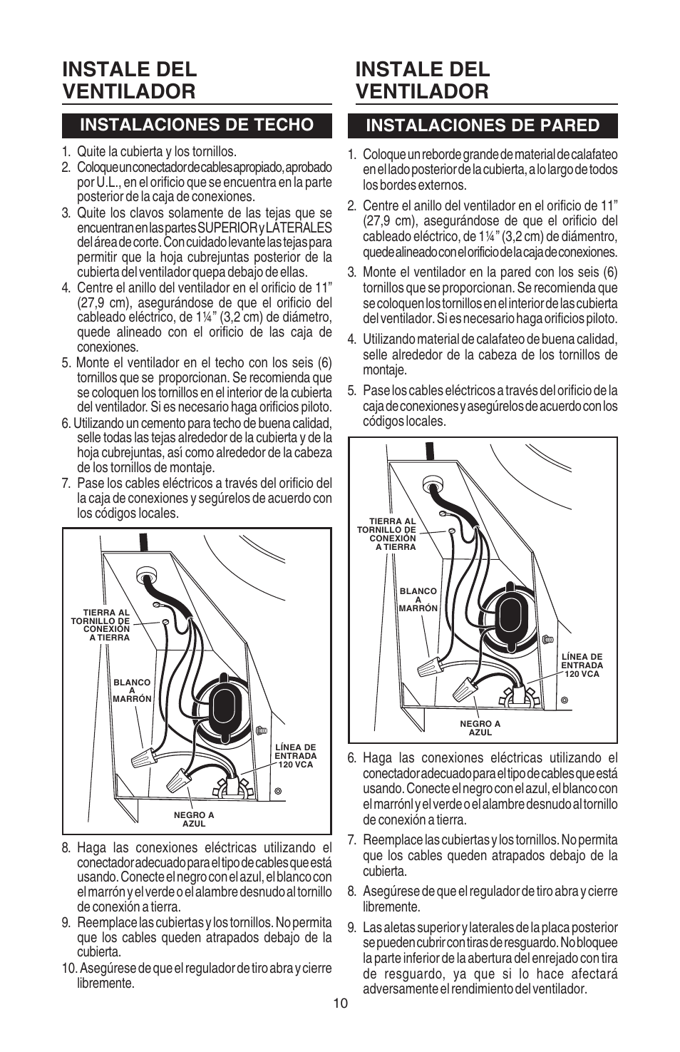 Instale del ventilador, Instalaciones de techo, Instalaciones de pared | Broan Best EB15 User Manual | Page 10 / 20