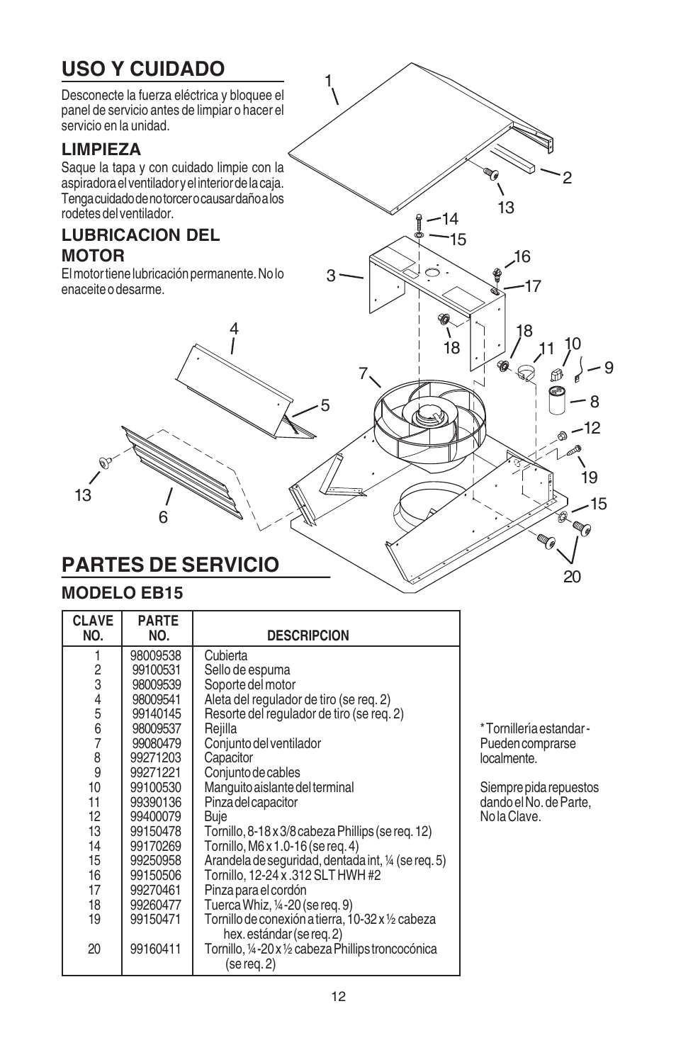 Partes de servicio, Uso y cuidado | Broan Best EB15 User Manual | Page 12 / 20