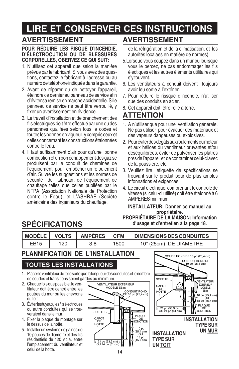 Lire et conserver ces instructions, Avertissement, Attention | Spécifications, Plannification de l’installation, Toutes les installations | Broan Best EB15 User Manual | Page 14 / 20