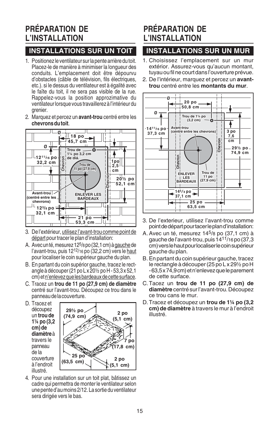 Préparation de l’installation, Installations sur un toit, Installations sur un mur | Broan Best EB15 User Manual | Page 15 / 20