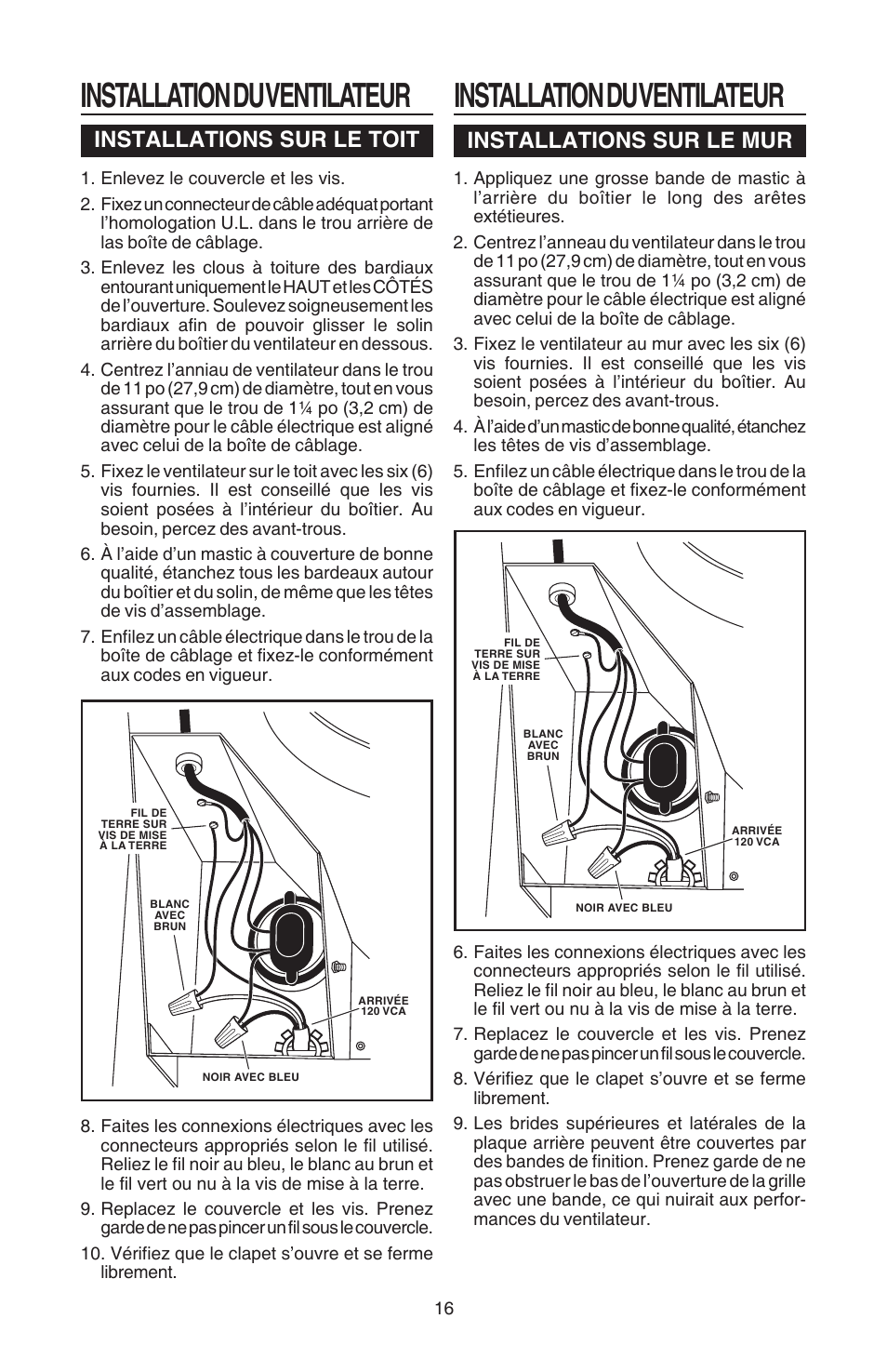 Installation du ventilateur, Installations sur le toit, Installations sur le mur | Broan Best EB15 User Manual | Page 16 / 20