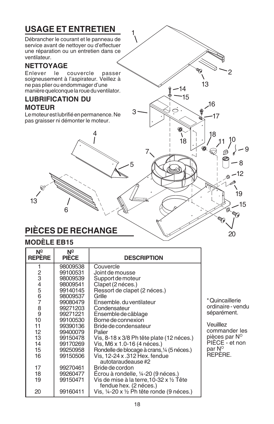 Usage et entretien, Pièces de rechange | Broan Best EB15 User Manual | Page 18 / 20