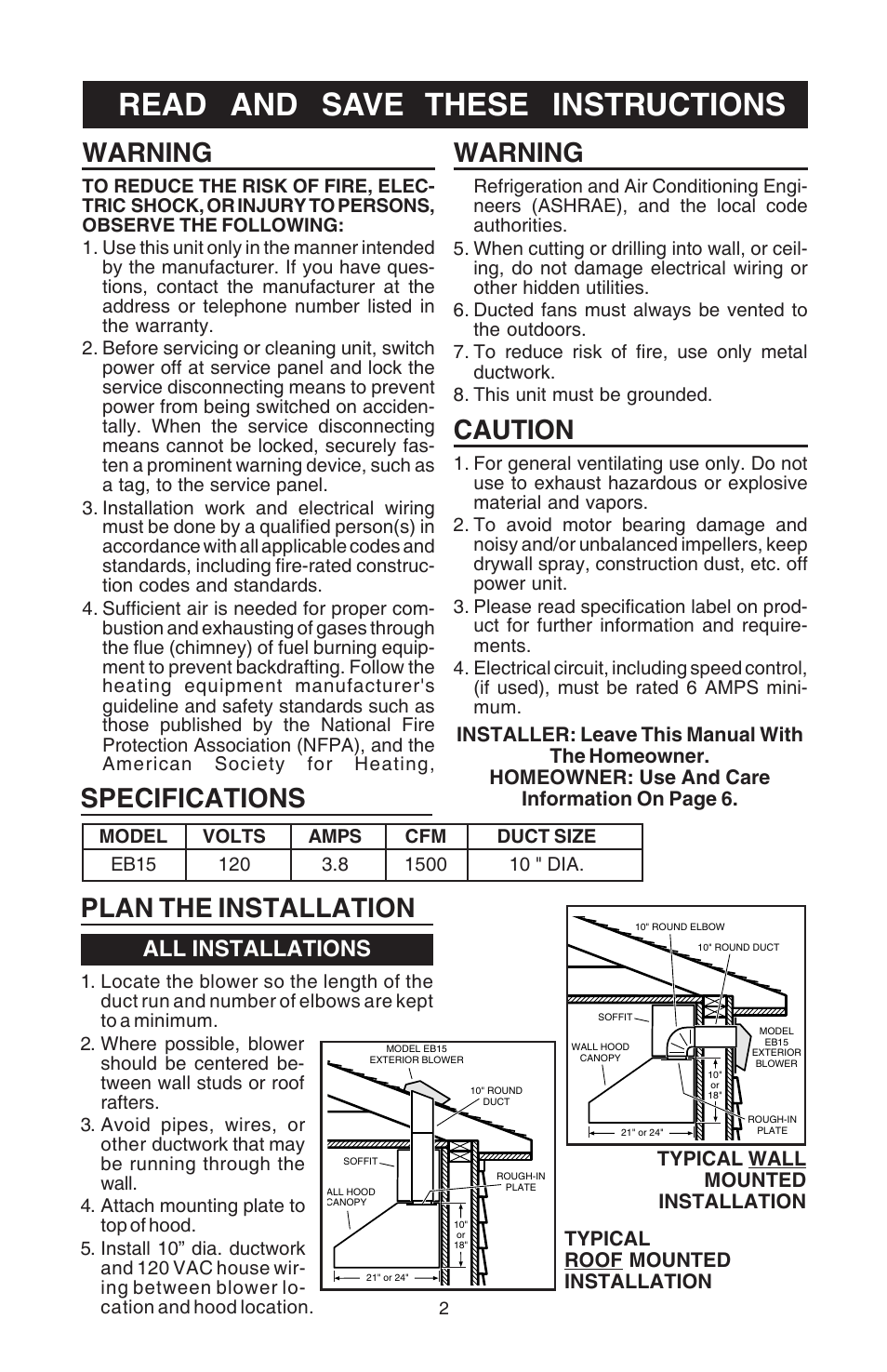 Read and save these instructions, Warning, Caution | Specifications, Plan the installation, All installations | Broan Best EB15 User Manual | Page 2 / 20