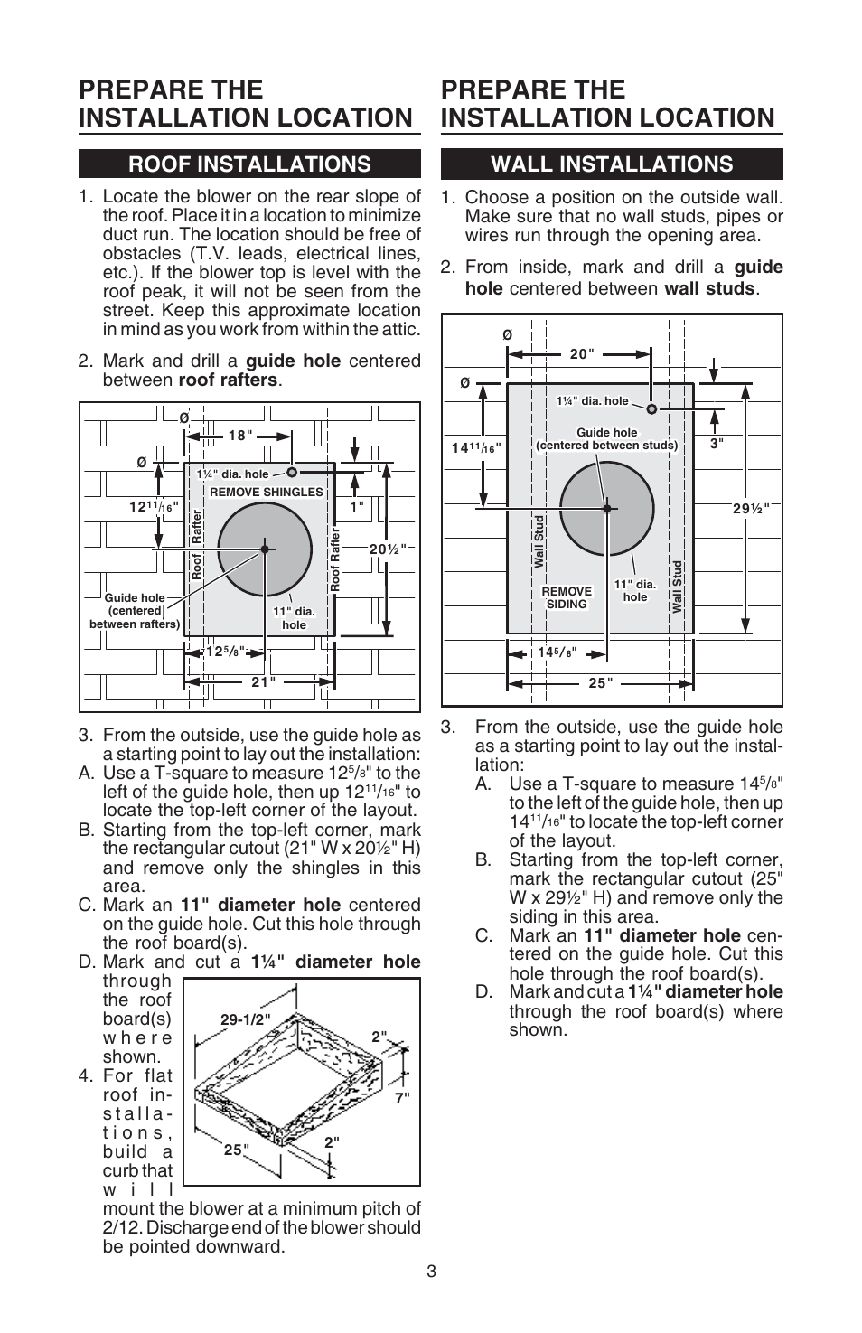 Prepare the installation location, Roof installations wall installations | Broan Best EB15 User Manual | Page 3 / 20