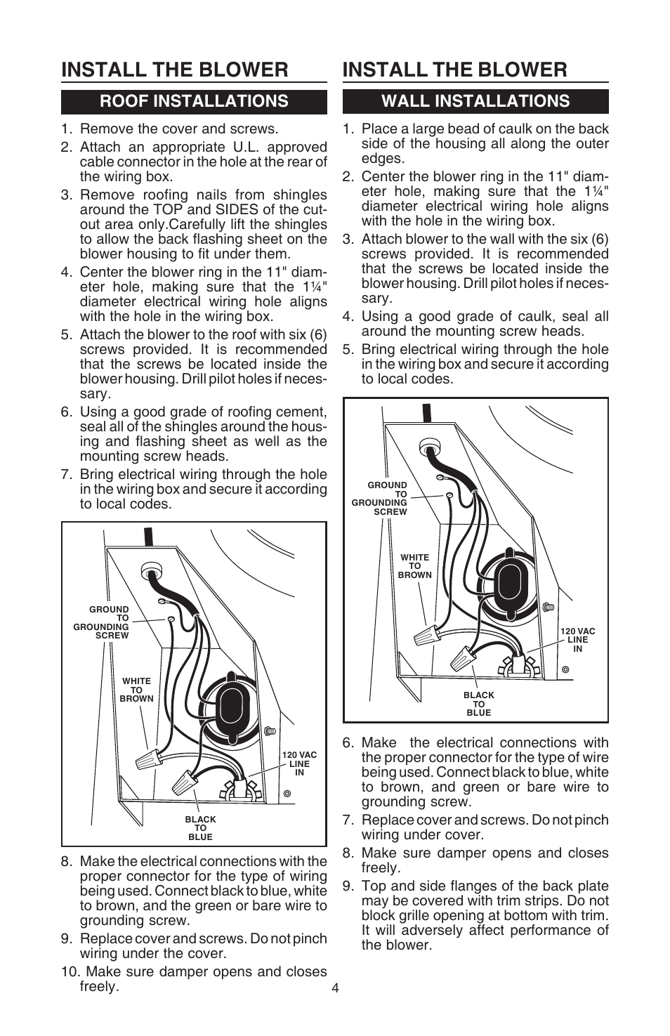 Install the blower, Roof installations, Wall installations | Broan Best EB15 User Manual | Page 4 / 20