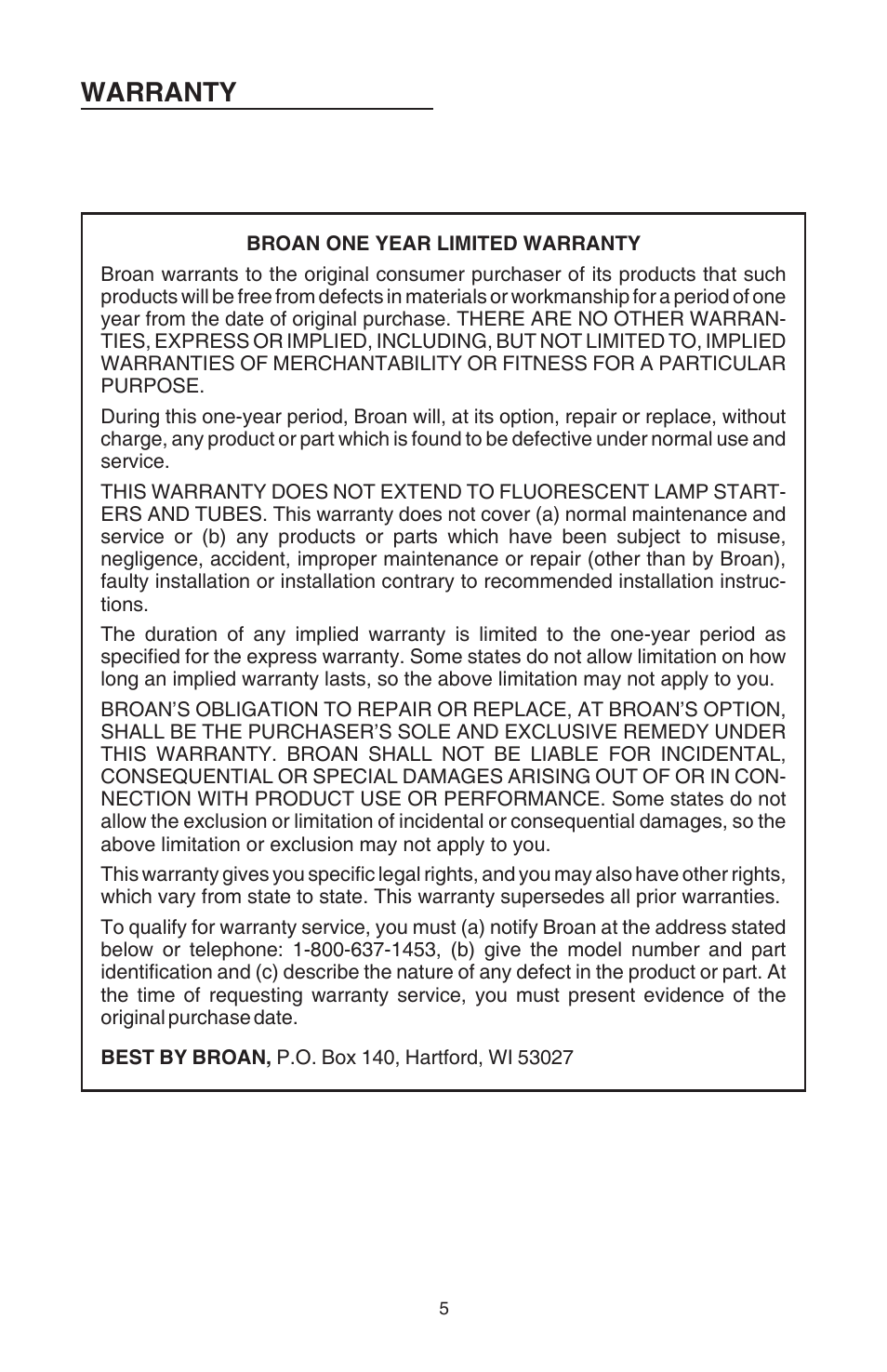 Warranty | Broan Best EB15 User Manual | Page 5 / 20