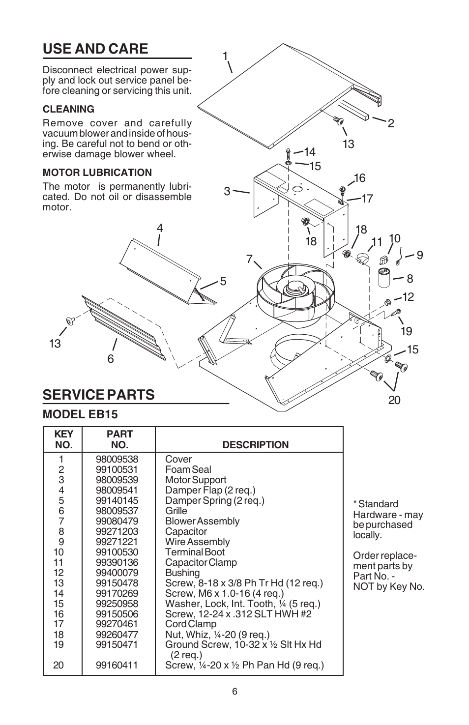 Service parts, Use and care | Broan Best EB15 User Manual | Page 6 / 20