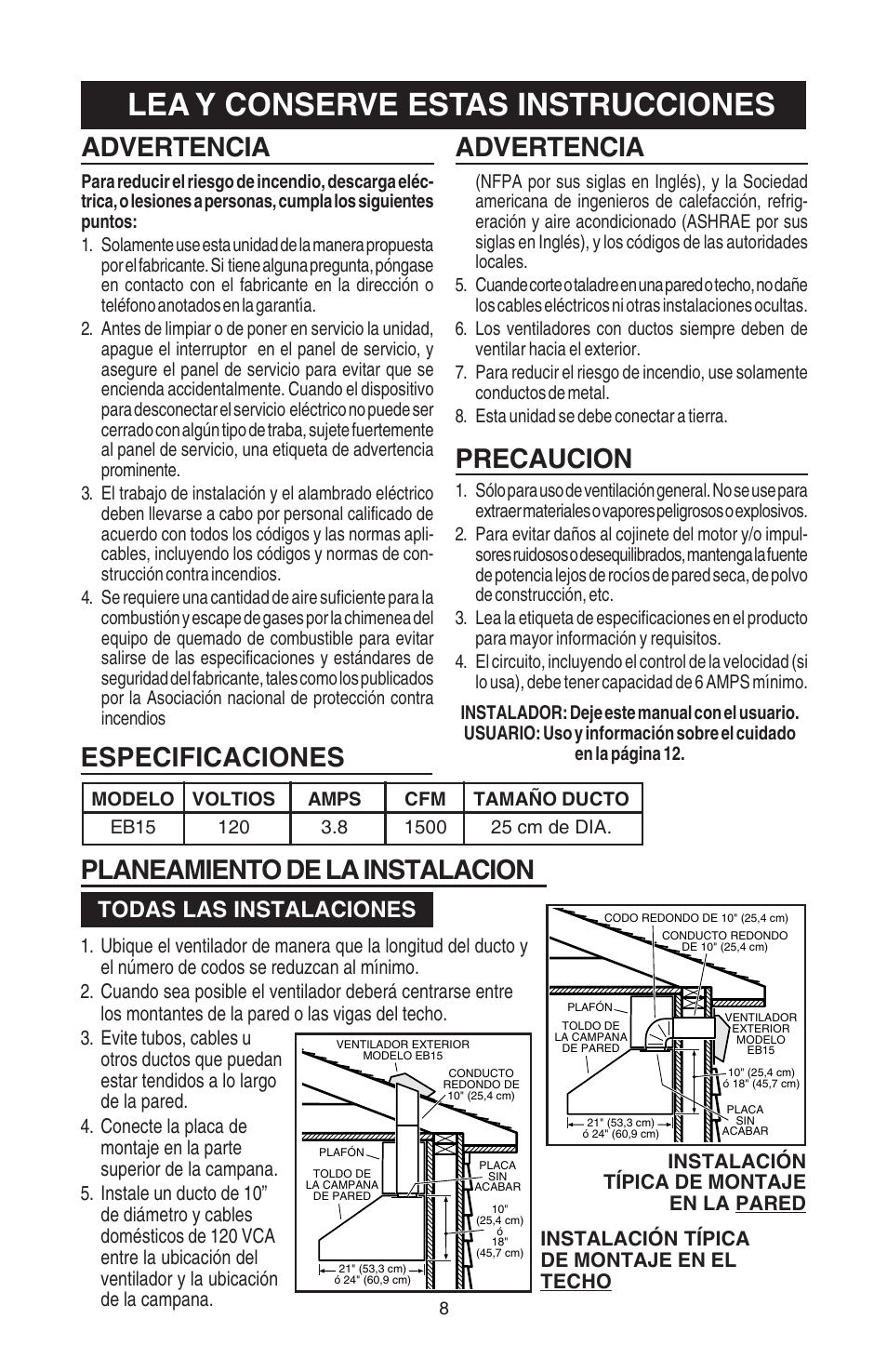 Lea y conserve estas instrucciones, Advertencia, Precaucion | Planeamiento de la instalacion especificaciones, Todas las instalaciones | Broan Best EB15 User Manual | Page 8 / 20