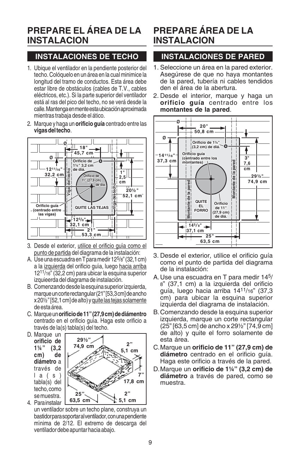 Prepare el área de la instalacion, Prepare área de la instalacion, Instalaciones de techo instalaciones de pared | Broan Best EB15 User Manual | Page 9 / 20