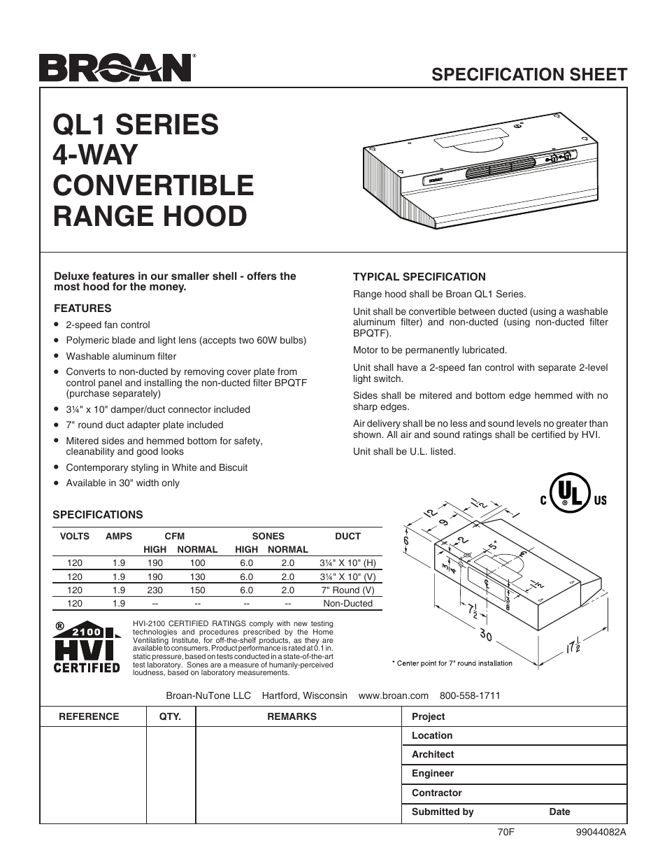 Broan 4-Way Convertible Range Hood QL1 Series User Manual | 1 page