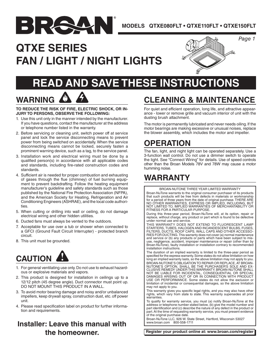 Broan QTXE150FLT User Manual | 8 pages