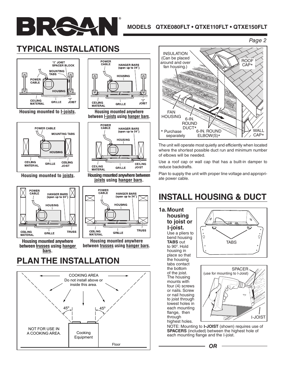 Typical installations, Plan the installation, Install housing & duct | Broan QTXE150FLT User Manual | Page 2 / 8