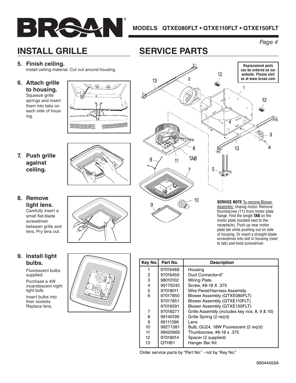 Service parts, Install grille, Finish ceiling | Attach grille to housing, Remove light lens | Broan QTXE150FLT User Manual | Page 4 / 8