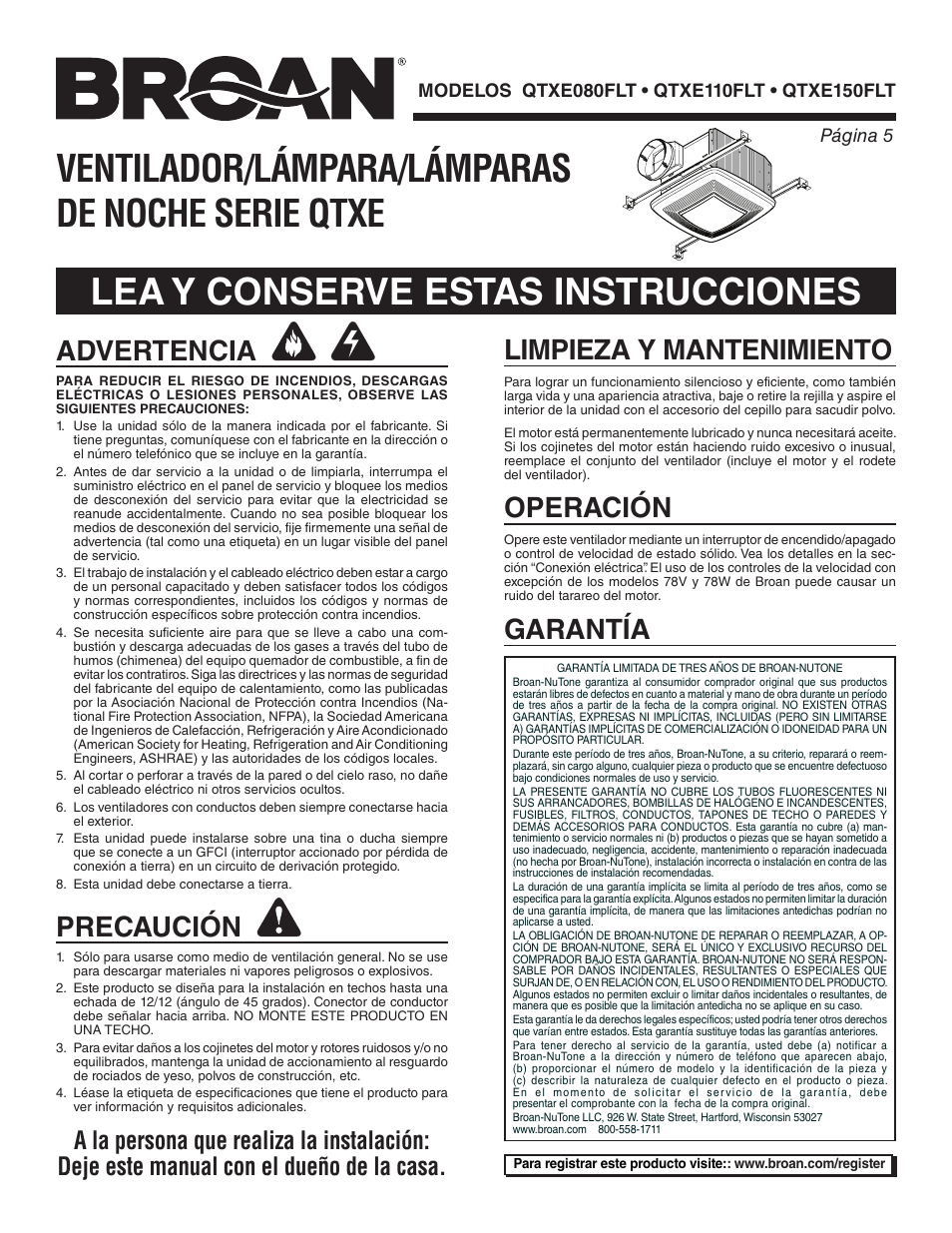 Advertencia, Precaución, Limpieza y mantenimiento | Operación, Garantía | Broan QTXE150FLT User Manual | Page 5 / 8