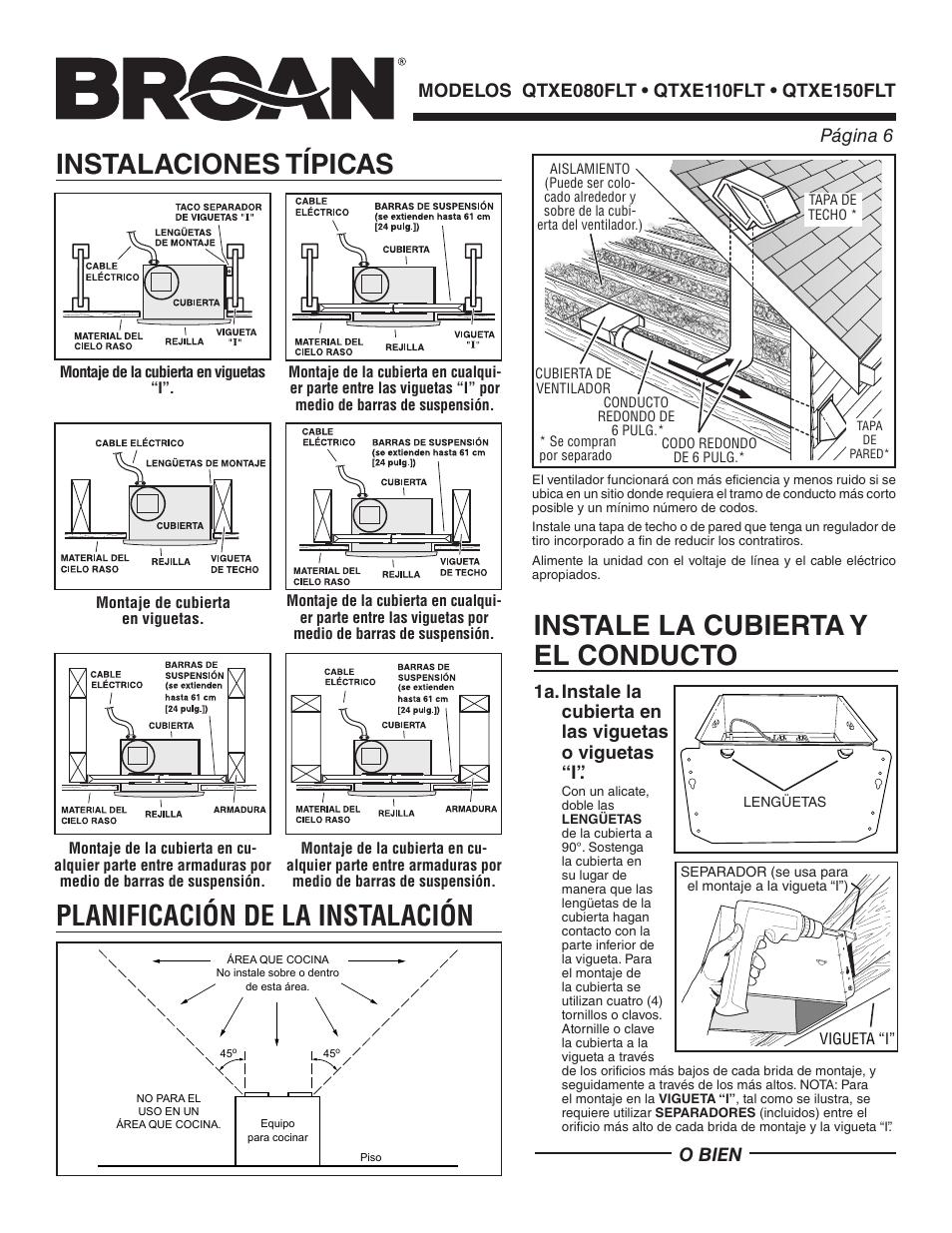 Instale la cubierta y el conducto, O bien | Broan QTXE150FLT User Manual | Page 6 / 8